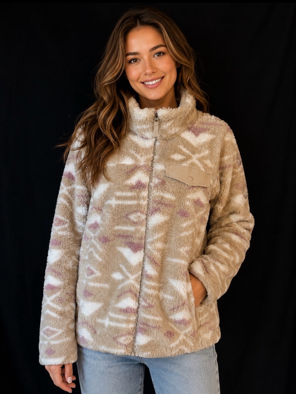 Gerry Women’s Cozy Sherpa Fleece Jacket Beige Tribal Print Full Zip Size Large - Picture 1 of 12